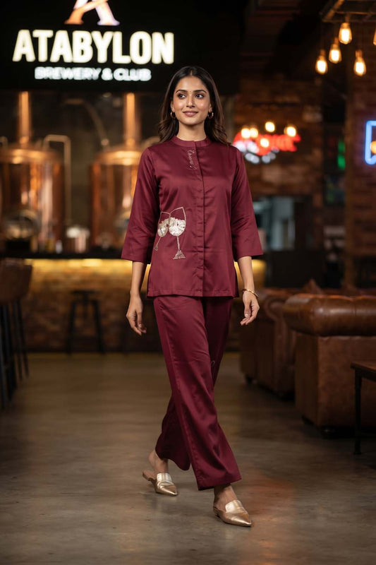 Maroon Cotton Silk 2 Pcs Cord Set Kurti Pant