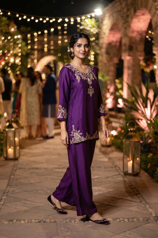 Violet Pure Chinon 3 Pcs Set Short Kurti Full Big Plazo Dupatta