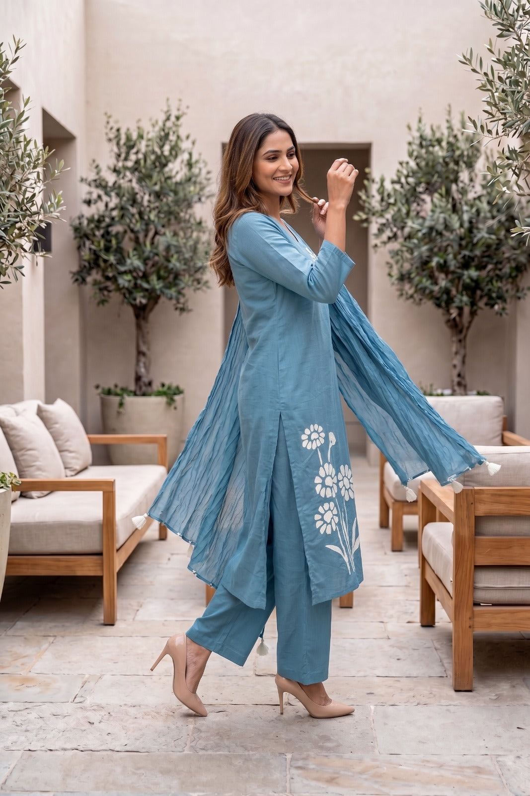 Light Blue Cotton Straight Kurti With Plazo and Dupatta 3 Pcs Set