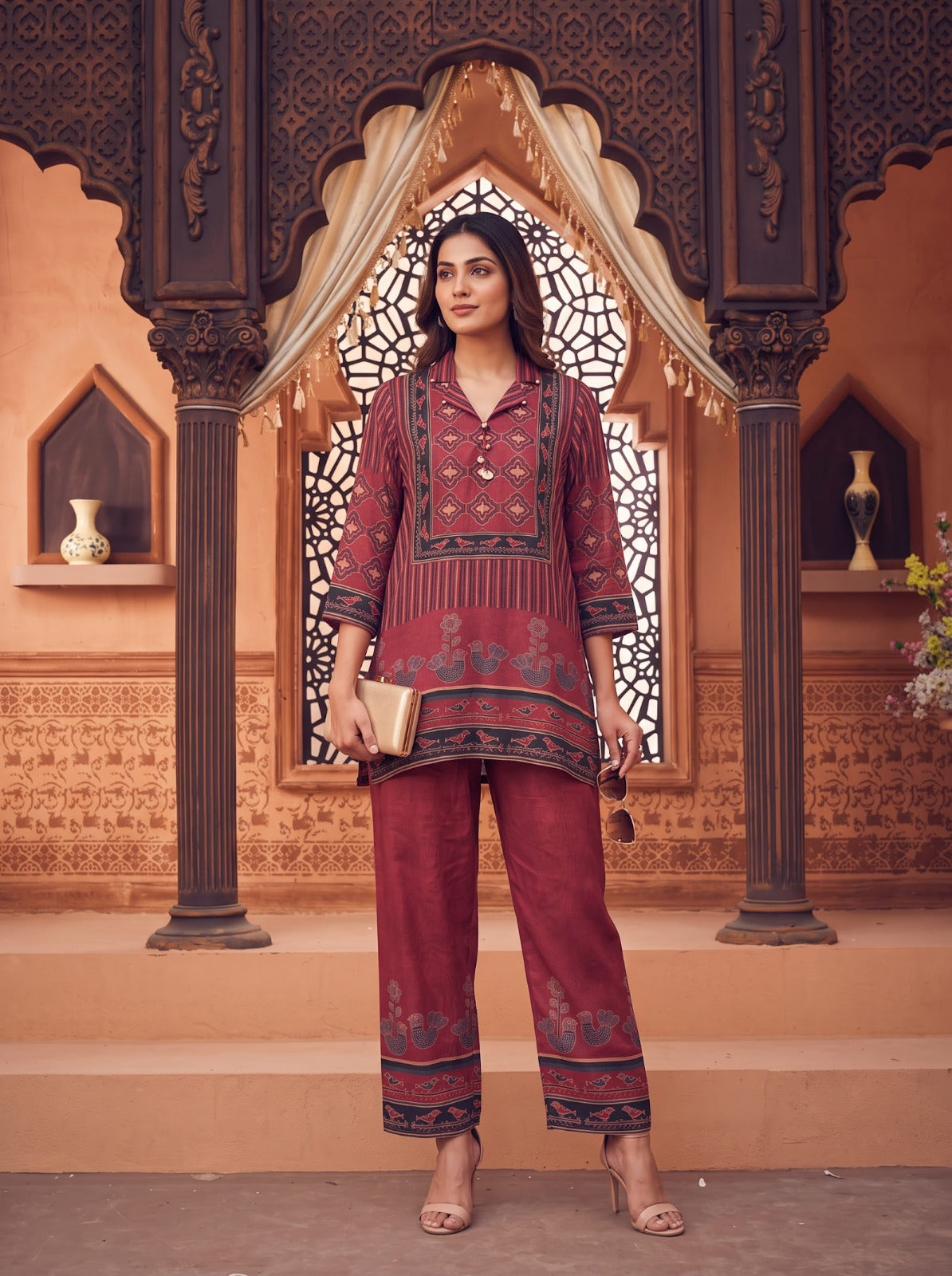 Maroon Crepe Short Kurti With Plazo 2 Pcs Set