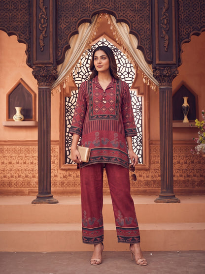 Maroon Crepe Short Kurti With Plazo 2 Pcs Set
