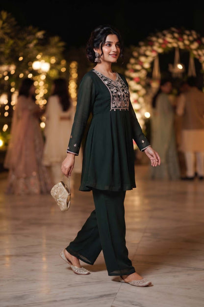 B Green Chinon Short Kurti With Plazo 2 Pcs Set