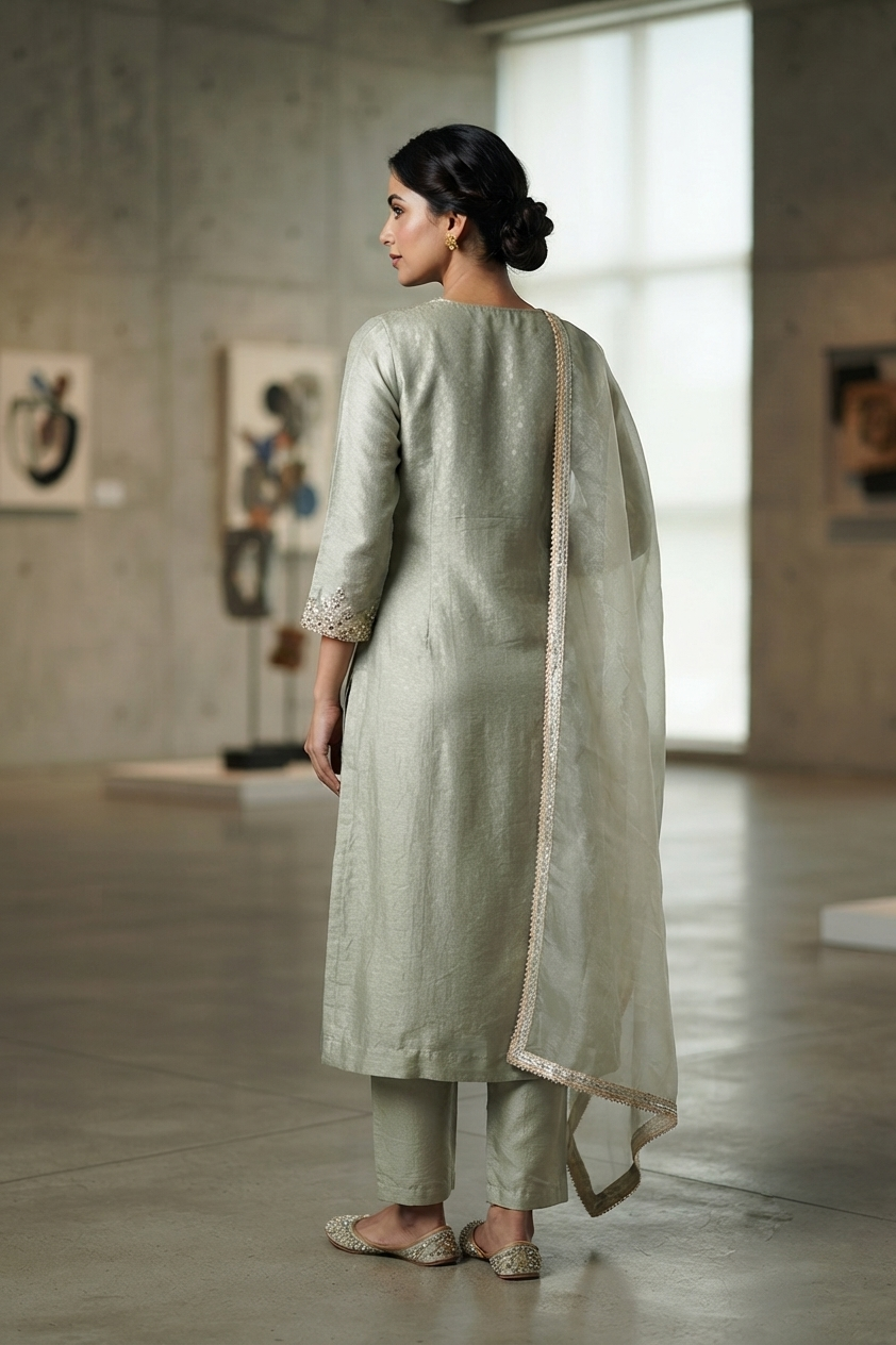 Green Tissue Straight Kurti With Pant and Dupatta 3 Pcs Set