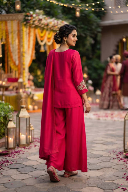 Pink Pure Chinon 3 Pcs Set Short Kurti Full Big Plazo Dupatta