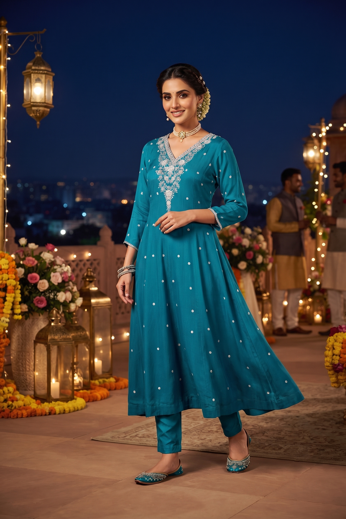 Rama Chinoon Frock Style Kurti With Pant and Dupatta 3 Pcs Set
