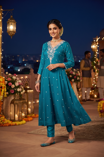 Rama Chinoon Frock Style Kurti With Pant and Dupatta 3 Pcs Set