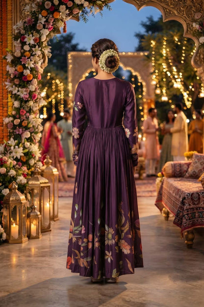 Purple Pure Chinon 3 Pcs Set ( Aliya Cut ) Kurti Long Frock Straight Pant Dupatta