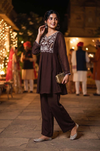 Brown Chinon Short Kurti With Plazo 2 Pcs Set