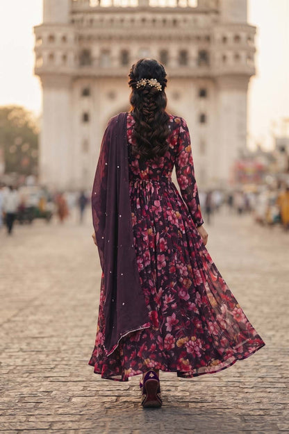 Dark Wine Frock Style Kurti With Pant With Dupatta 3 Pcs Set