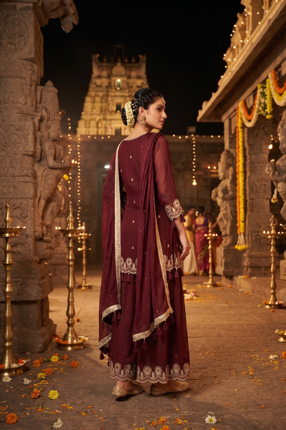 Brown Chinoon Short Kurti With Divider Plazo and Dupatta 3 Pcs Set