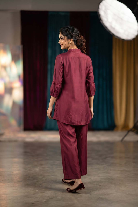 D Maroon Cotton Silk 2 Pcs Cord Set Kurti Pant