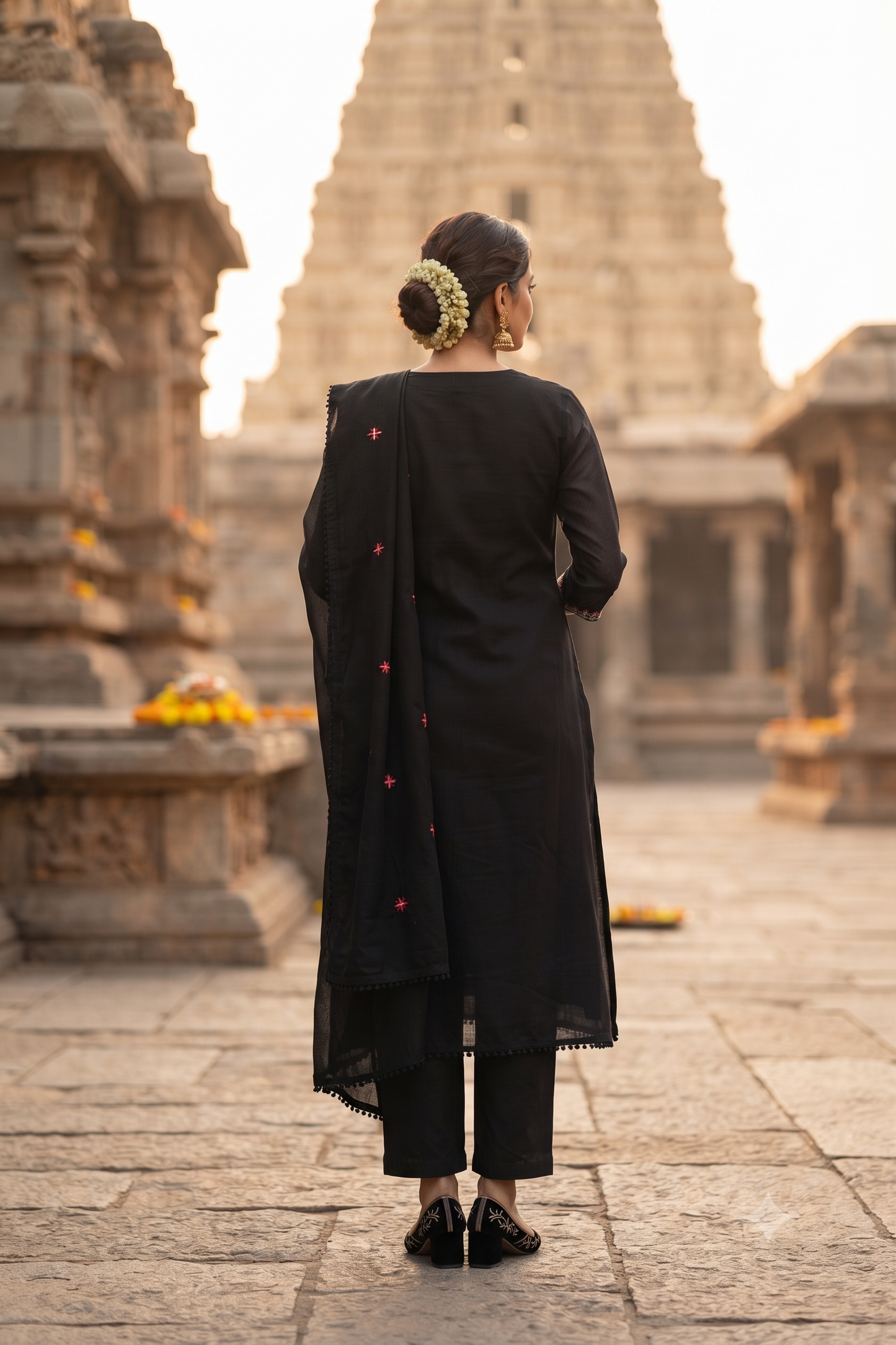 Black Cotton Straight Kurti With Pant and Dupatta 3 Pcs Set