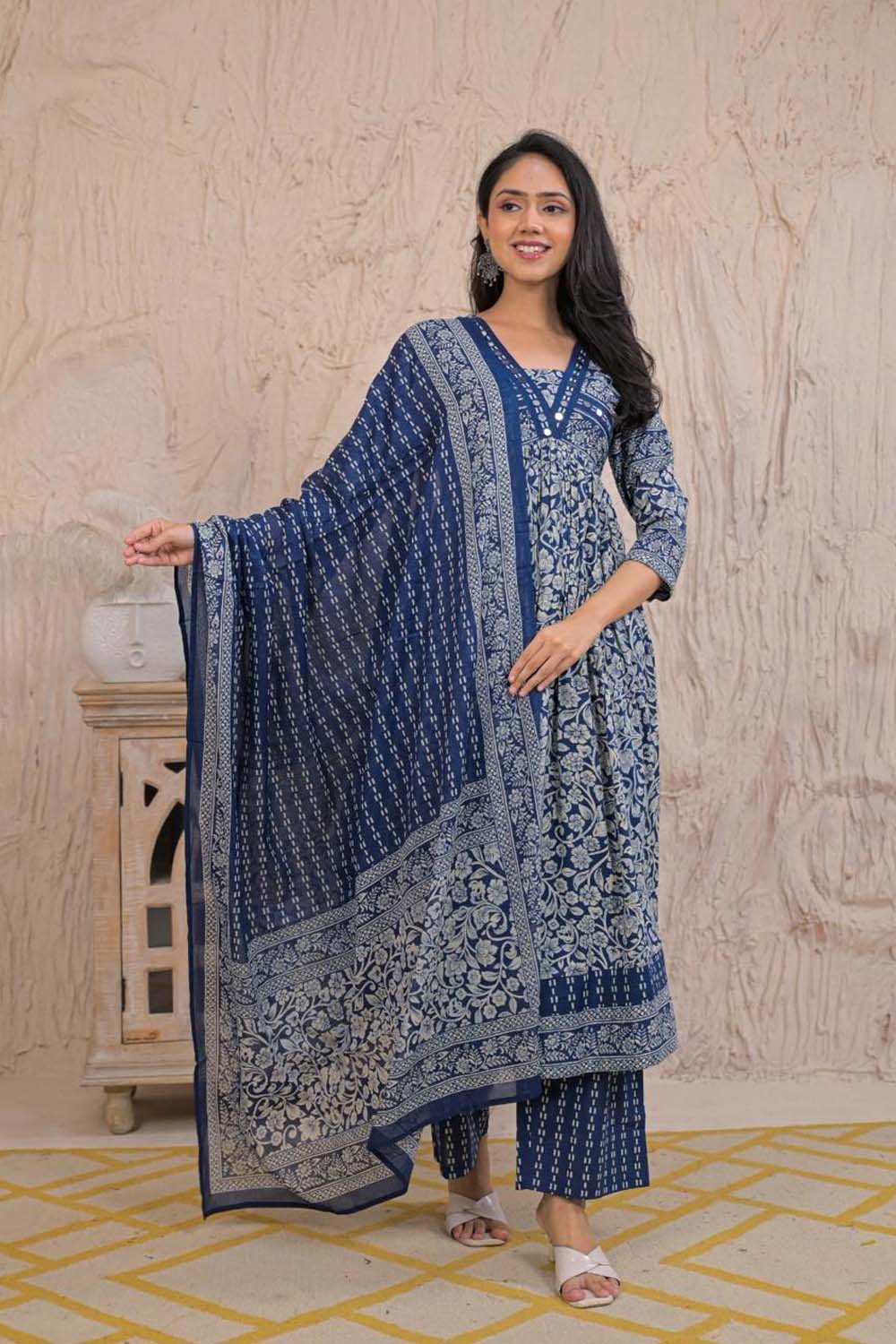 Navy Blue Cotton Kurti Plazo