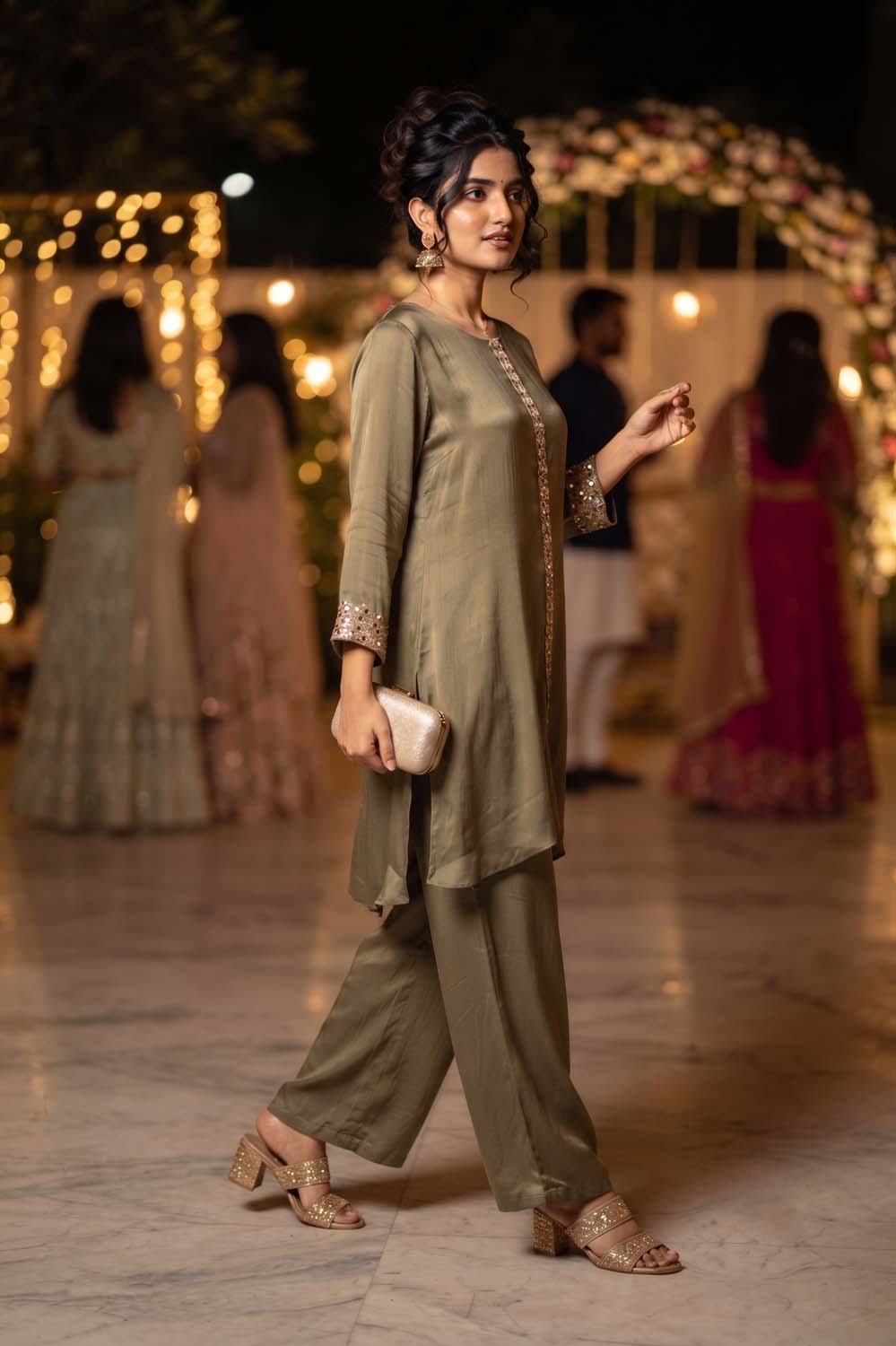 Green Chinon Straight Cut Kurti With Plazo 2 Pcs Set