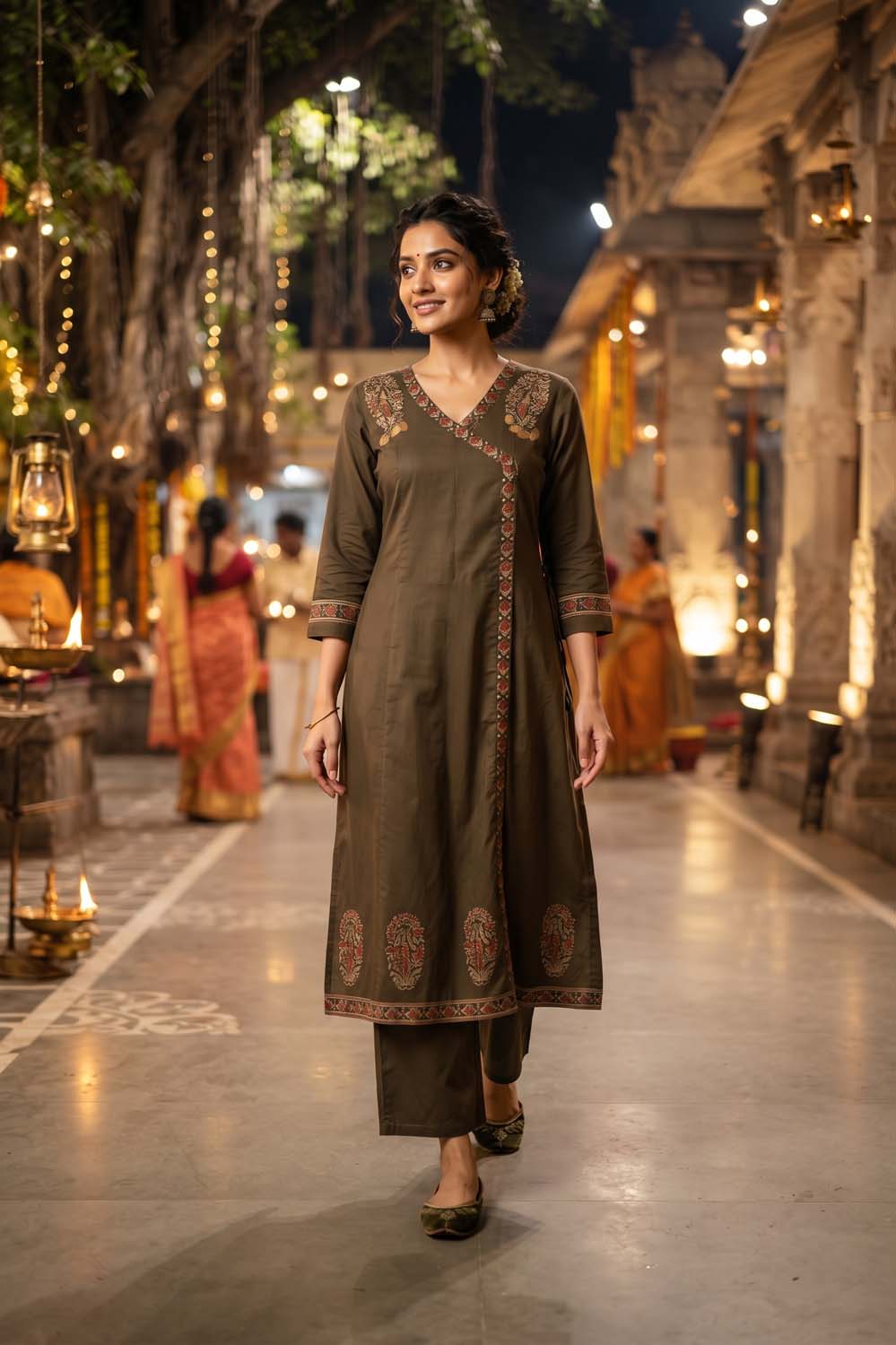 Mehandi Cotton Angrakha Style Kurti Frock Straight Pant Dupatta