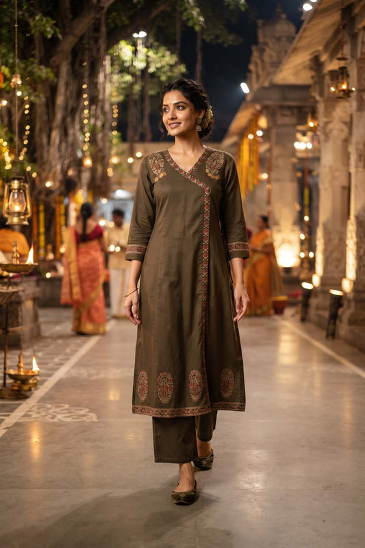 Mehandi Cotton Angrakha Style Kurti Frock Straight Pant Dupatta