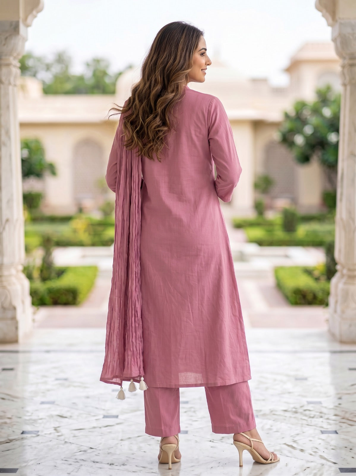 Onion Cotton Straight Kurti With Plazo and Dupatta 3 Pcs Set