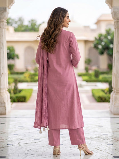 Onion Cotton Straight Kurti With Plazo and Dupatta 3 Pcs Set