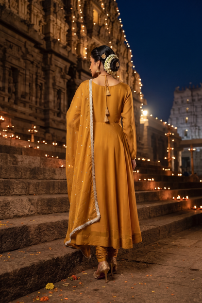 Mustard Chinoon Frock Style Kurti With Pant and Dupatta 3 Pcs Set