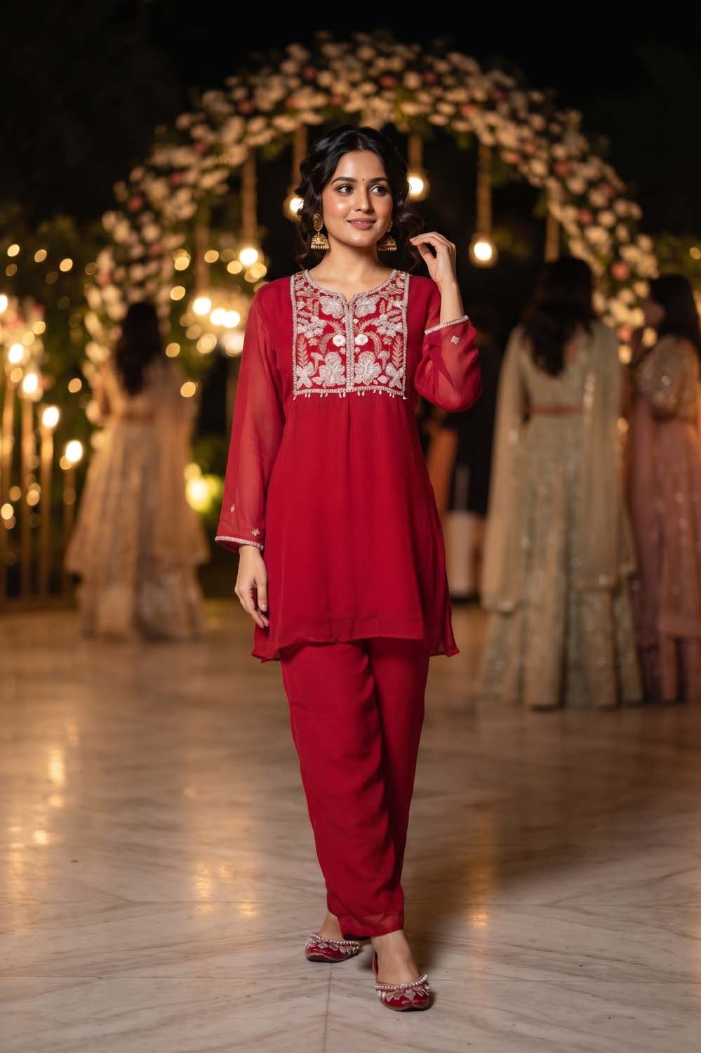 Maroon Chinon Short Kurti With Plazo 2 Pcs Set