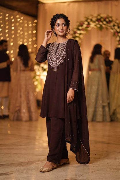 Brown Chinon Short Kurti With Plazo 3 Pcs Set