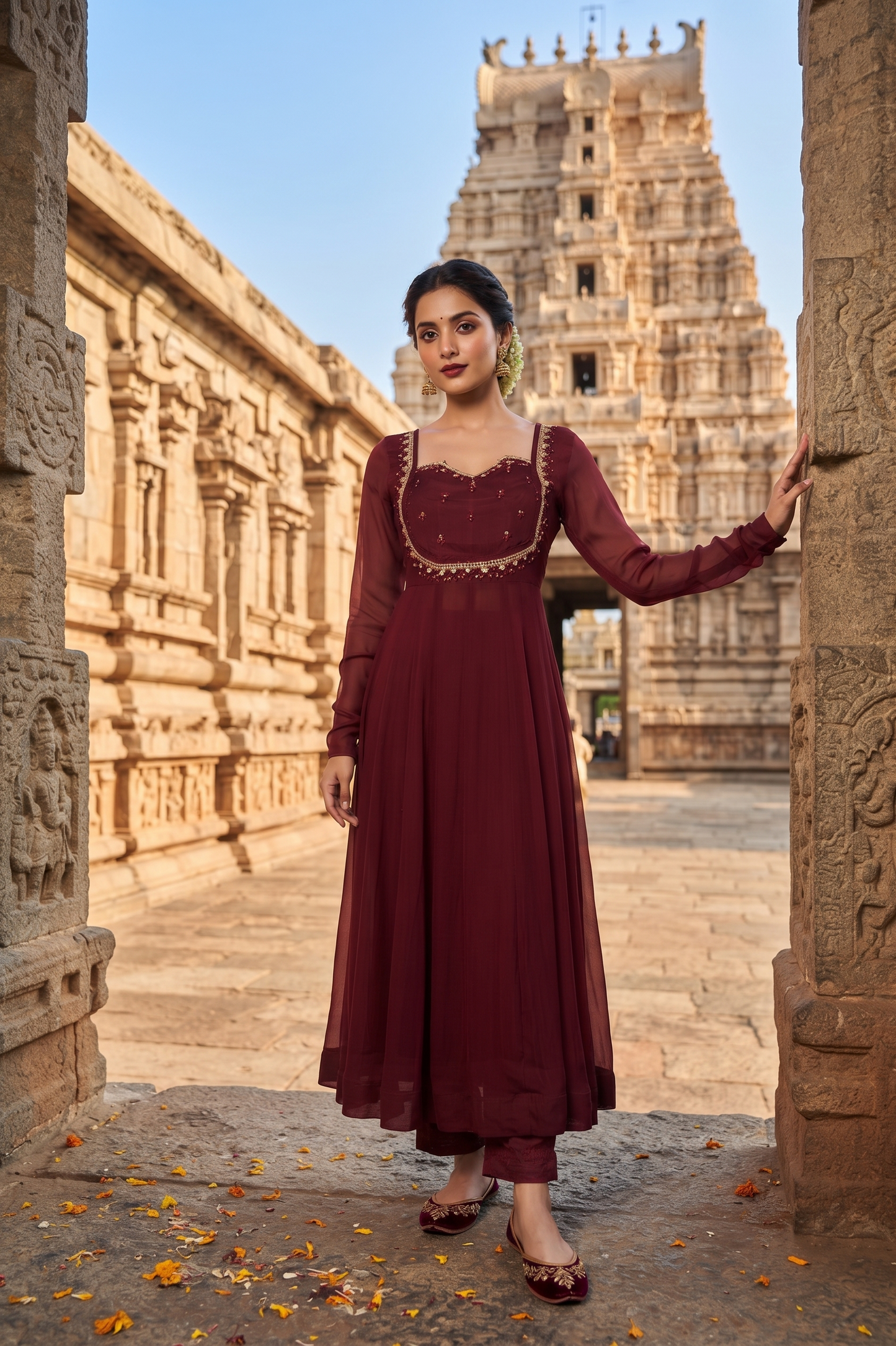 Maroon Chinoon Frock Style Kurti With Pant and Dupatta 3 Pcs Set