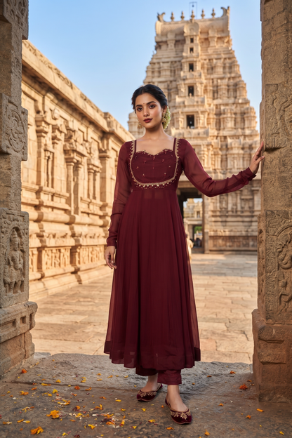 Maroon Chinoon Frock Style Kurti With Pant and Dupatta 3 Pcs Set