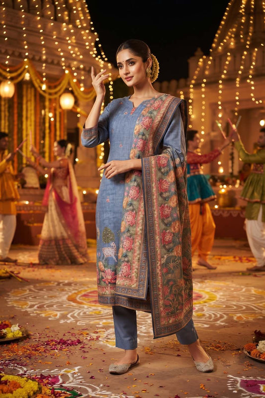 Blue Silk 3 Pcs Set Kurti Pant Dupatta