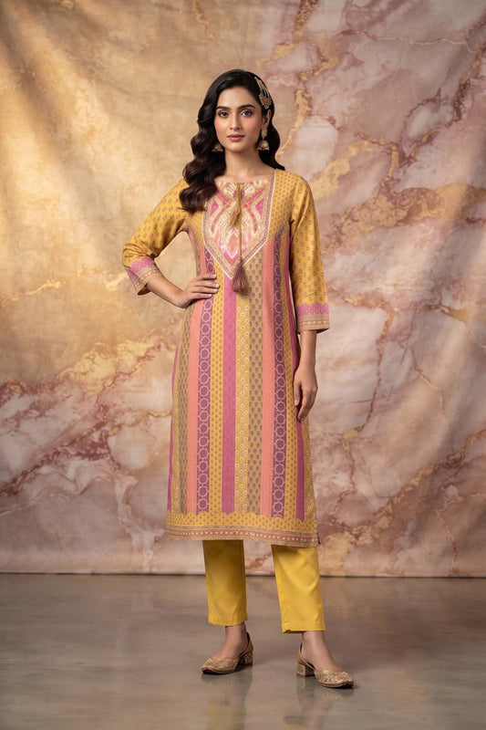 Mustard Straight Cut Kurti With Pant With Dupatta 3 Pcs Set