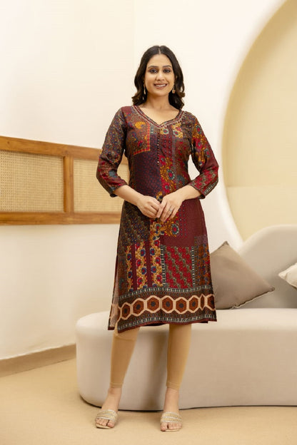 Brown Rayon Printed Straight Kurti