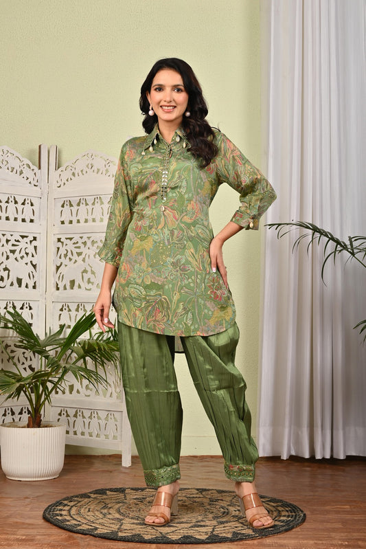 Pista Green Chinon Printed 2 Pieces Set