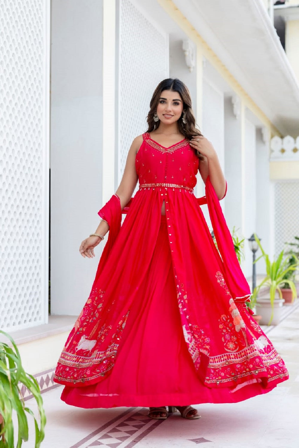 Rani Pink Chinon Skirt Kurti 3 Pieces Set