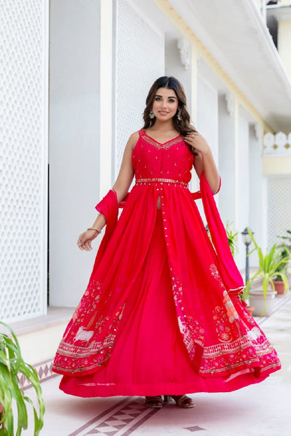 Rani Pink Chinon Skirt Kurti 3 Pieces Set