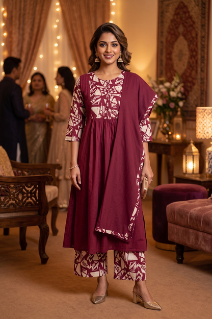 Wine Cotton Kurti Straight Plazo 3 Pieces Set