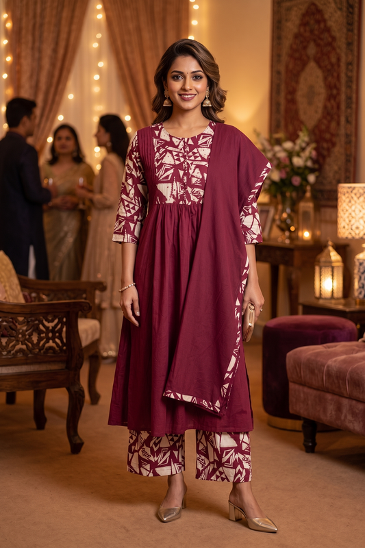Wine Cotton Kurti Straight Plazo 3 Pieces Set
