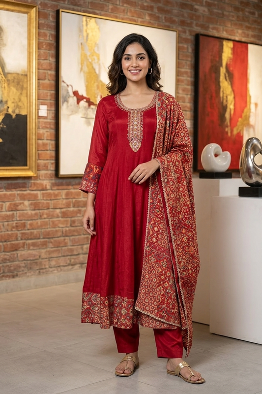 Dark Rust Chinon Kurti Frock 3 Pieces Set