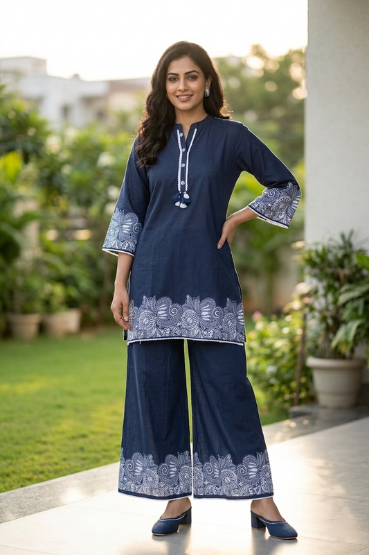 Navy Blue Cotton Printed Kurti Set