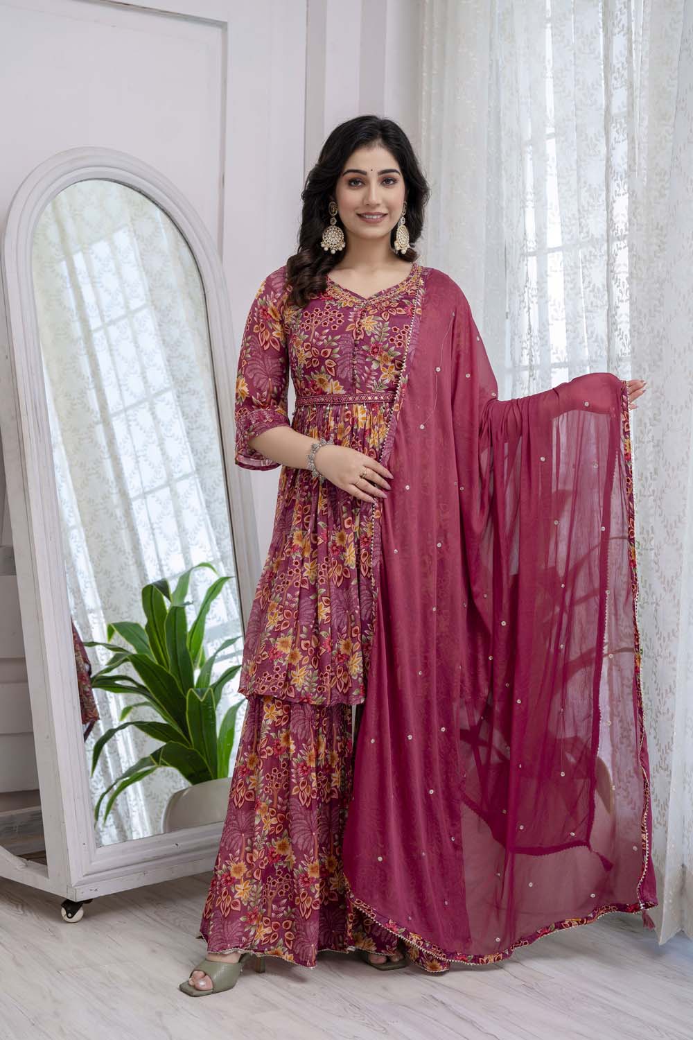 KAIRA ONION PINK PRINTED POPLON KURTI PLAZO DUPATTA SET