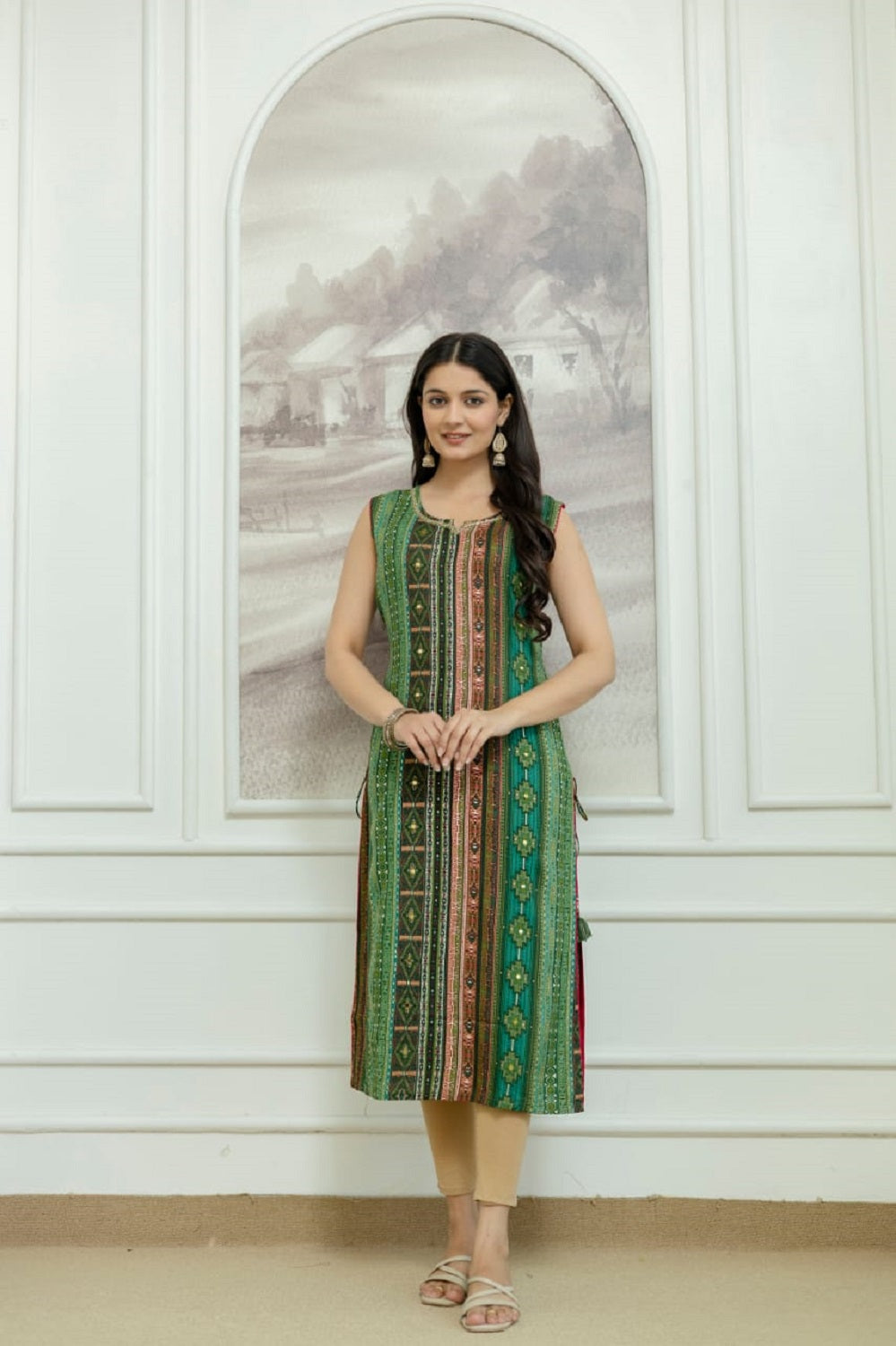 Green Rayon Handwork Straight Cut Kurti