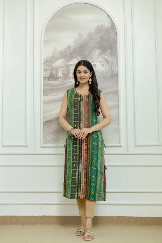 Green Rayon Handwork Straight Cut Kurti