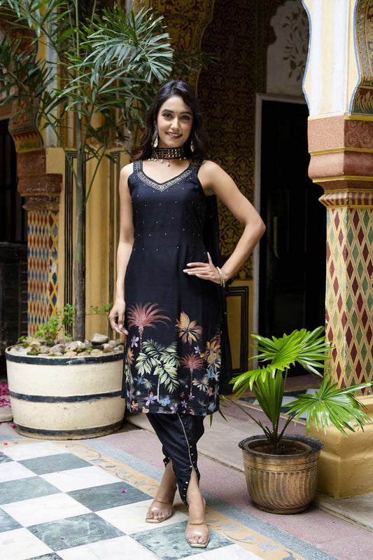 KAIRA BLACK STRAP KURTI WITH DHOTI & DUPATTA SET