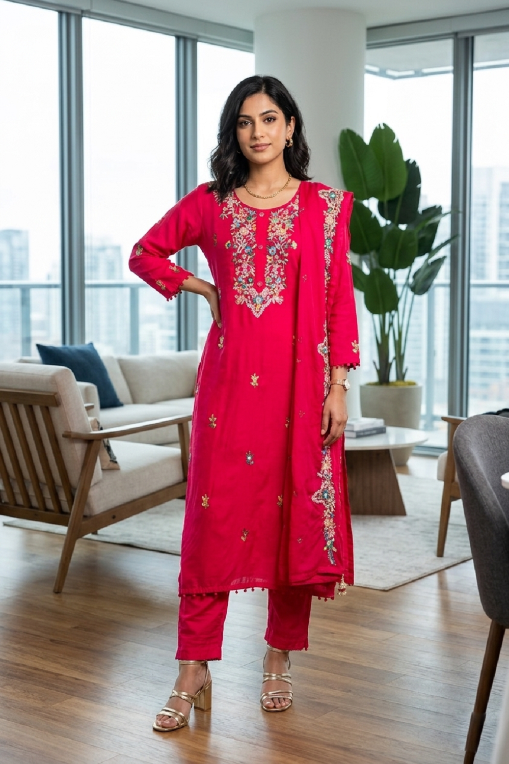 Rani Pink Silk Kurti Pant 3 Pieces Set