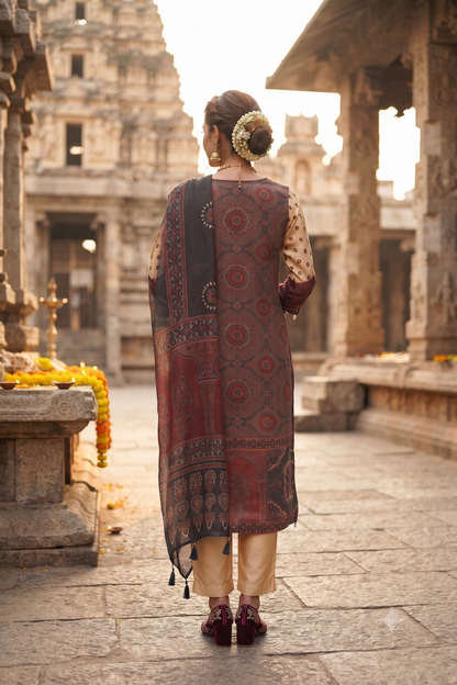 Maroon Crepe Straight Kurti With Pant and Dupatta 3 Pcs Set