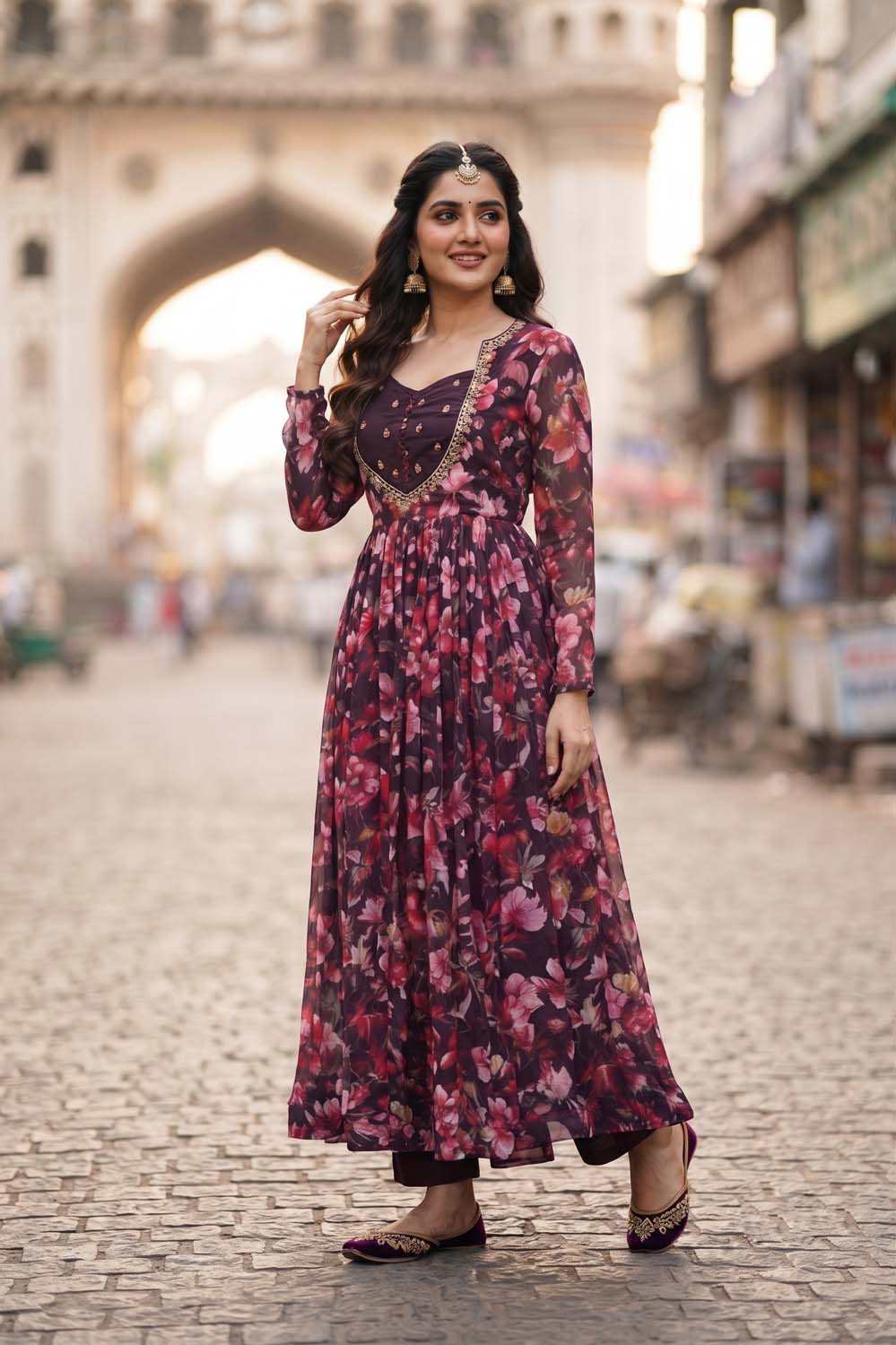 Dark Wine Frock Style Kurti With Pant With Dupatta 3 Pcs Set