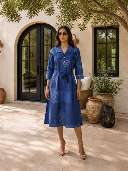 Blue Cotton One Piece Dress One Pcs
