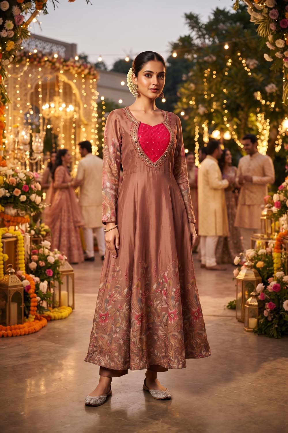 Brown Pure Chinon 3 Pcs Set Kurti Long Frock Straight Pant Dupatta