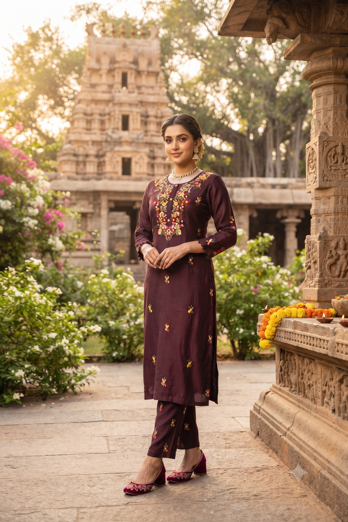 Brown Silk Straight Kurti With Pant and Dupatta 3 Pcs Set