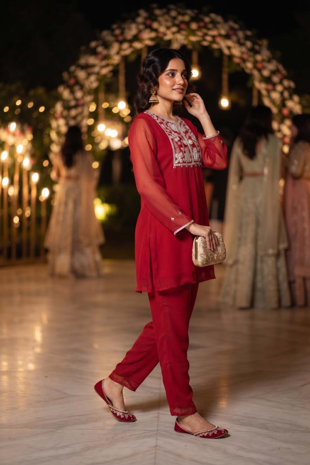 Maroon Chinon Short Kurti With Plazo 2 Pcs Set
