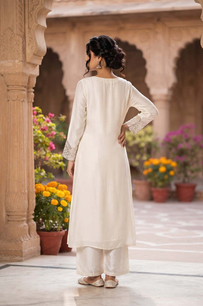 Cream Frock Style Kurti With Plazo 3 Pcs Set