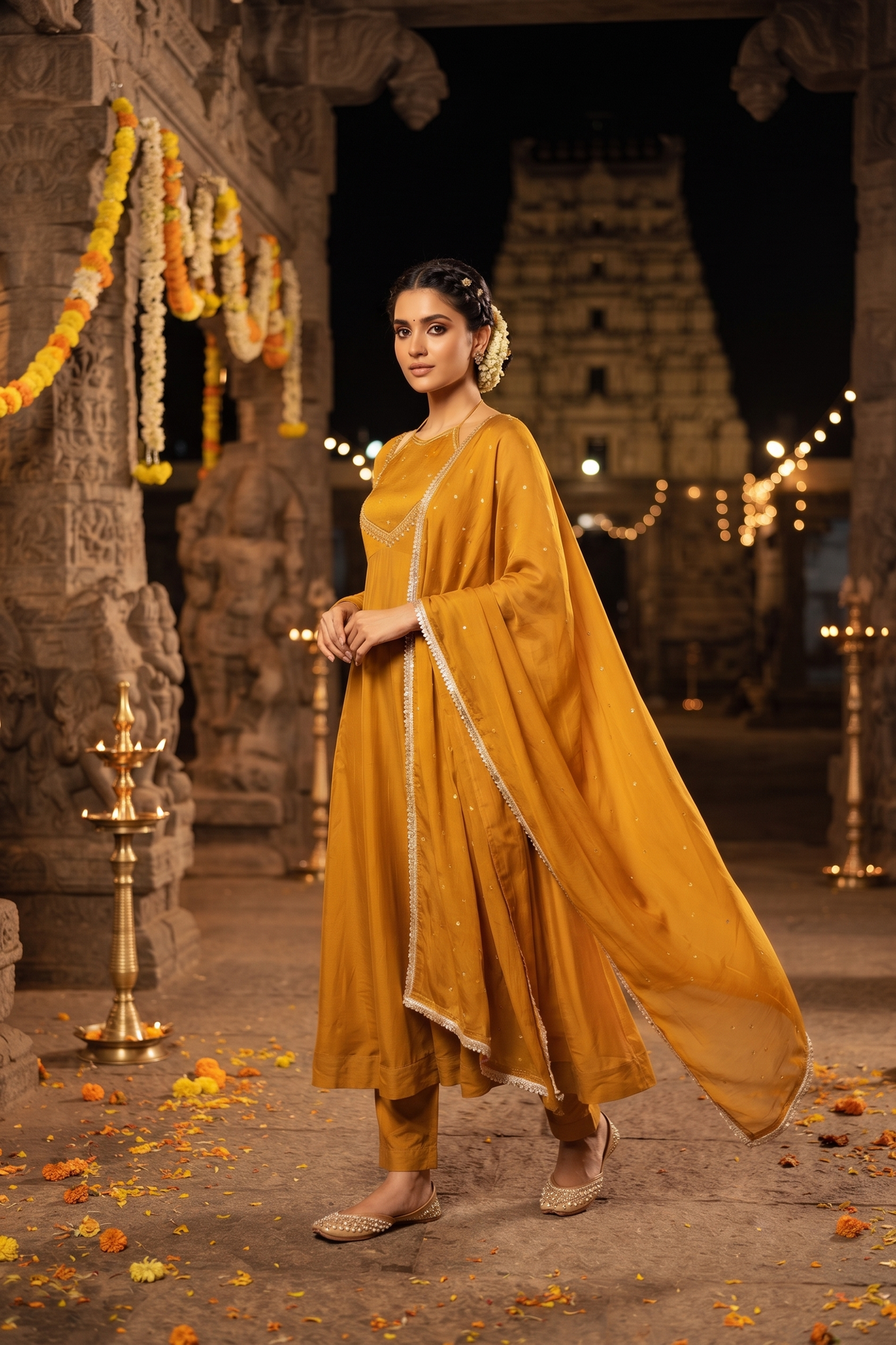 Mustard Chinoon Frock Style Kurti With Pant and Dupatta 3 Pcs Set